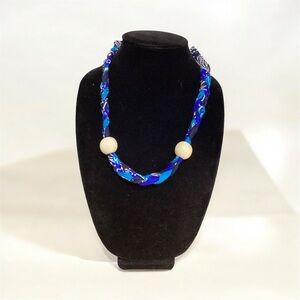 (#27) Handmade Blue and Cream Twisted Necklace